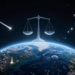 A digital illustration showing Earth from space with a large, translucent scale above it. A satellite is on the right, and a comet streaks across the dark sky.