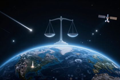 A digital illustration showing Earth from space with a large, translucent scale above it. A satellite is on the right, and a comet streaks across the dark sky.