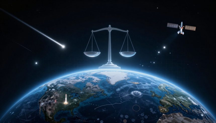 A digital illustration showing Earth from space with a large, translucent scale above it. A satellite is on the right, and a comet streaks across the dark sky.