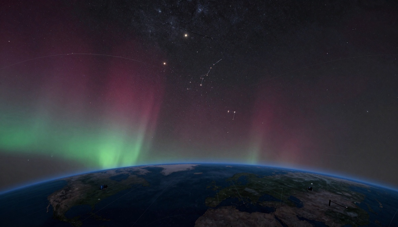 Earth's horizon with vivid green and red auroras in the atmosphere, starry night sky above with visible constellations and stars.