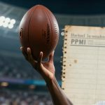 A person holding a football in a stadium with bright lights. A partially visible document labeled "PPMI" is in the background.
