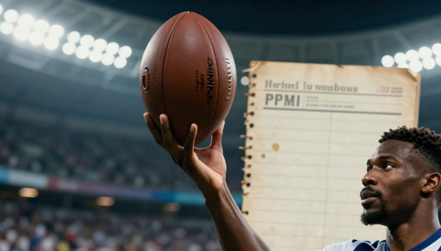 A person holding a football in a stadium with bright lights. A partially visible document labeled "PPMI" is in the background.