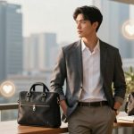 A man in a grey suit and white shirt stands in an office with large windows. He leans against a table with two black leather bags, a coffee cup, and notebooks. Heart icons float in the air.
