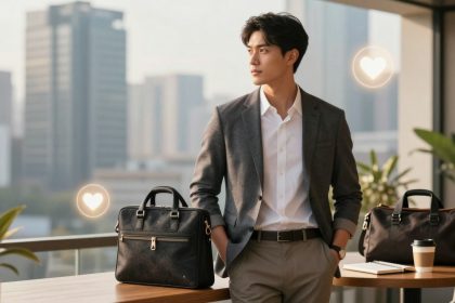 A man in a grey suit and white shirt stands in an office with large windows. He leans against a table with two black leather bags, a coffee cup, and notebooks. Heart icons float in the air.