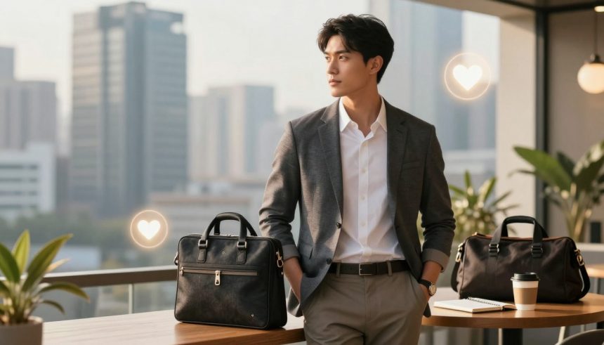 A man in a grey suit and white shirt stands in an office with large windows. He leans against a table with two black leather bags, a coffee cup, and notebooks. Heart icons float in the air.