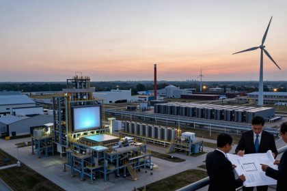 Three people in suits examine blueprints near an industrial facility at sunset. The scene includes a large display structure, storage tanks, and wind turbines.