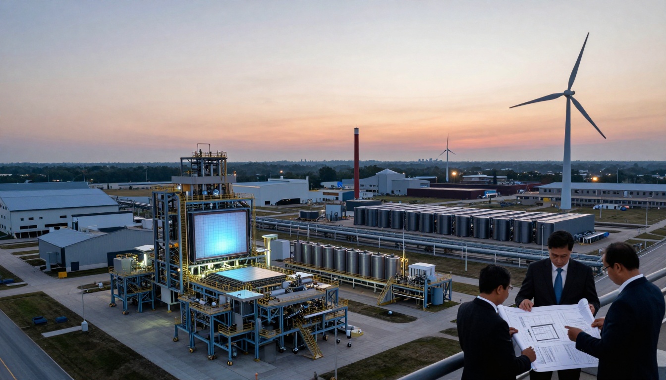 Three people in suits examine blueprints near an industrial facility at sunset. The scene includes a large display structure, storage tanks, and wind turbines.