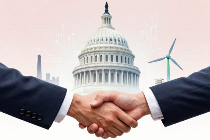 Two people in suits shaking hands in the foreground. In the background, the U.S. Capitol Dome, a wind turbine, and factory silhouettes are visible against a pale sky.
