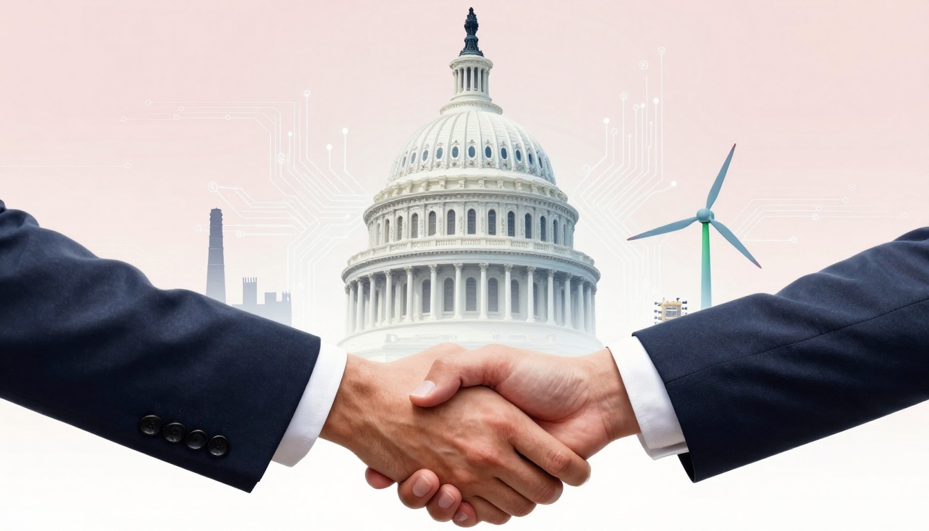 Two people in suits shaking hands in the foreground. In the background, the U.S. Capitol Dome, a wind turbine, and factory silhouettes are visible against a pale sky.