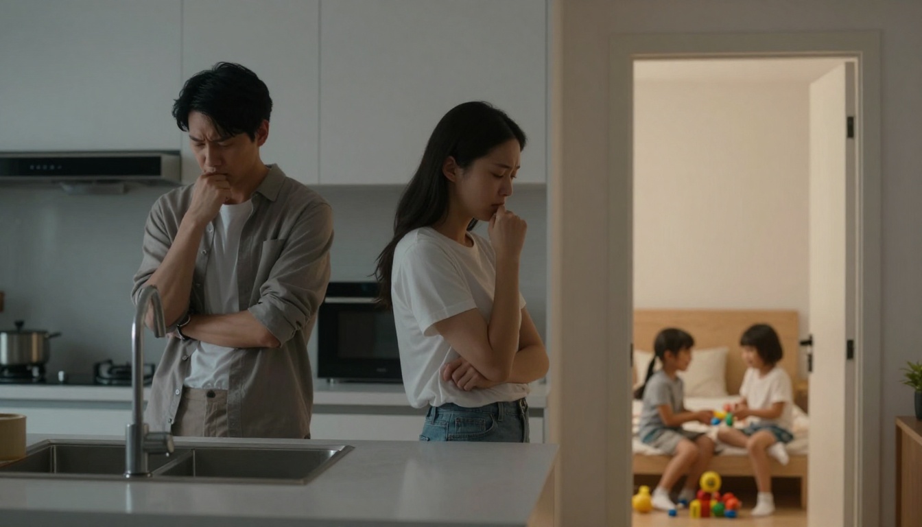 A man and woman stand in a kitchen looking concerned, with arms crossed and hands on chins. In the background, two children sit on a bed playing with toys.