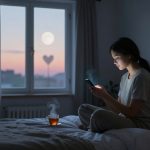 A woman sits on a bed in a dimly lit room, looking at her phone. A steaming cup of tea is on the bed. The window shows a moonlit sky with a heart-shaped shadow.