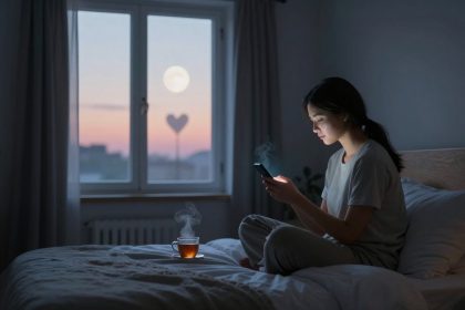 A woman sits on a bed in a dimly lit room, looking at her phone. A steaming cup of tea is on the bed. The window shows a moonlit sky with a heart-shaped shadow.