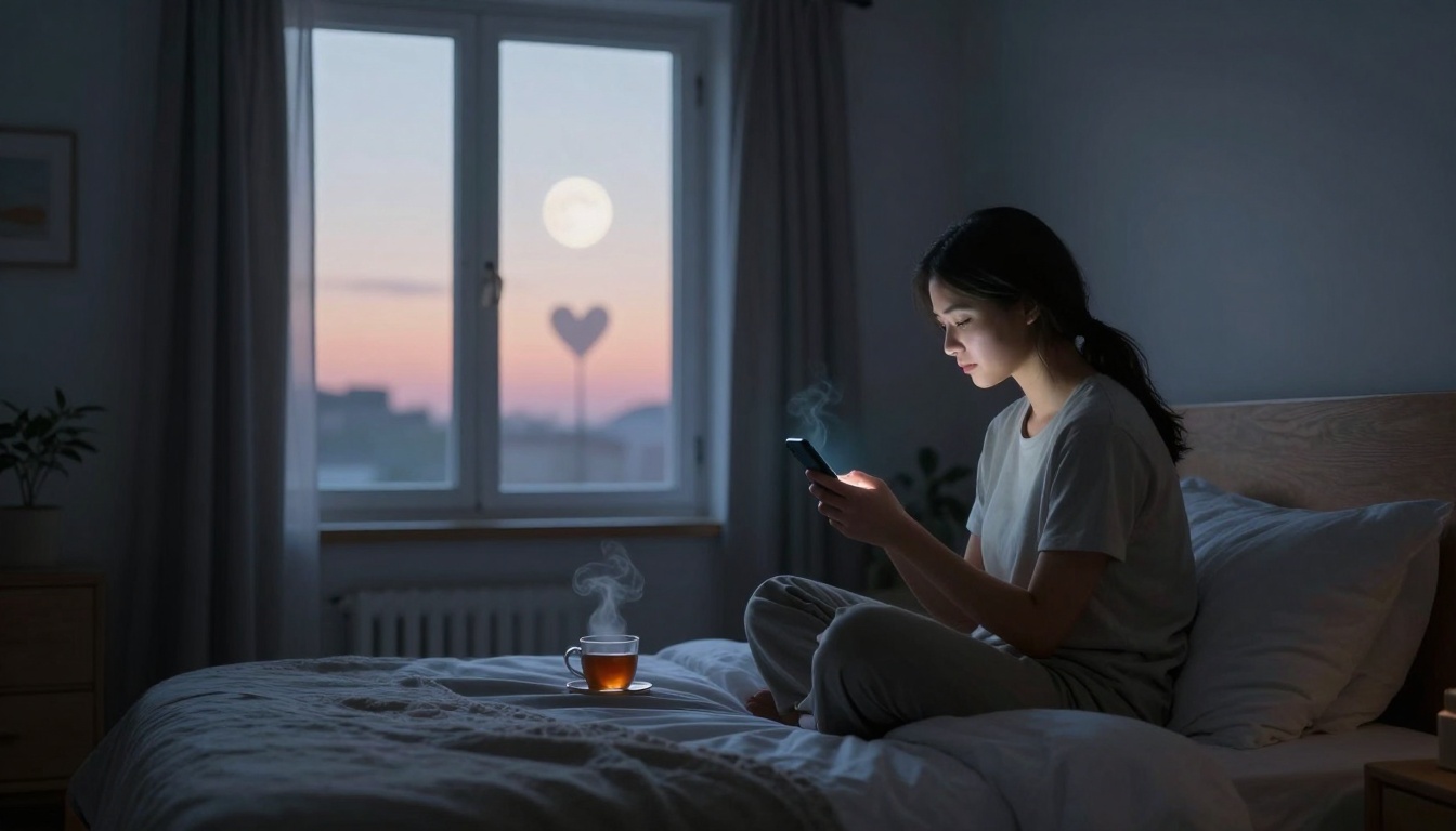 A woman sits on a bed in a dimly lit room, looking at her phone. A steaming cup of tea is on the bed. The window shows a moonlit sky with a heart-shaped shadow.
