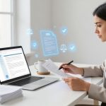 A woman in a beige blazer reviews documents at a desk with a laptop displaying text. Holographic icons of scales and checkmarks hover nearby.