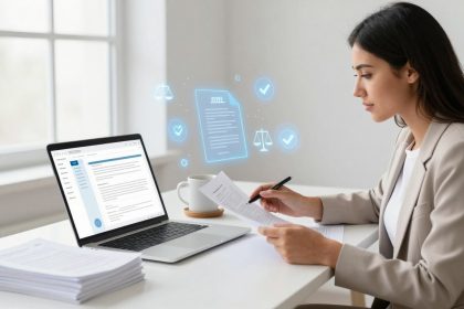 A woman in a beige blazer reviews documents at a desk with a laptop displaying text. Holographic icons of scales and checkmarks hover nearby.