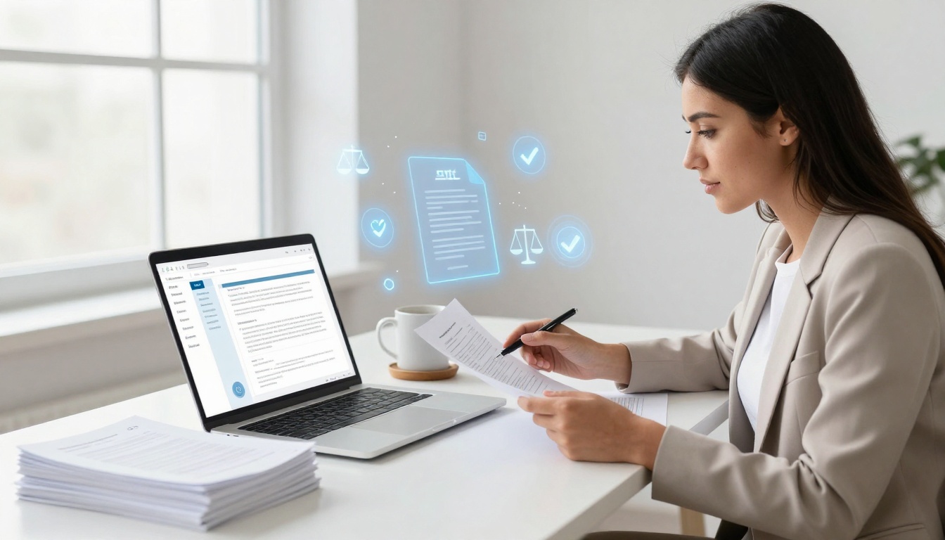 A woman in a beige blazer reviews documents at a desk with a laptop displaying text. Holographic icons of scales and checkmarks hover nearby.