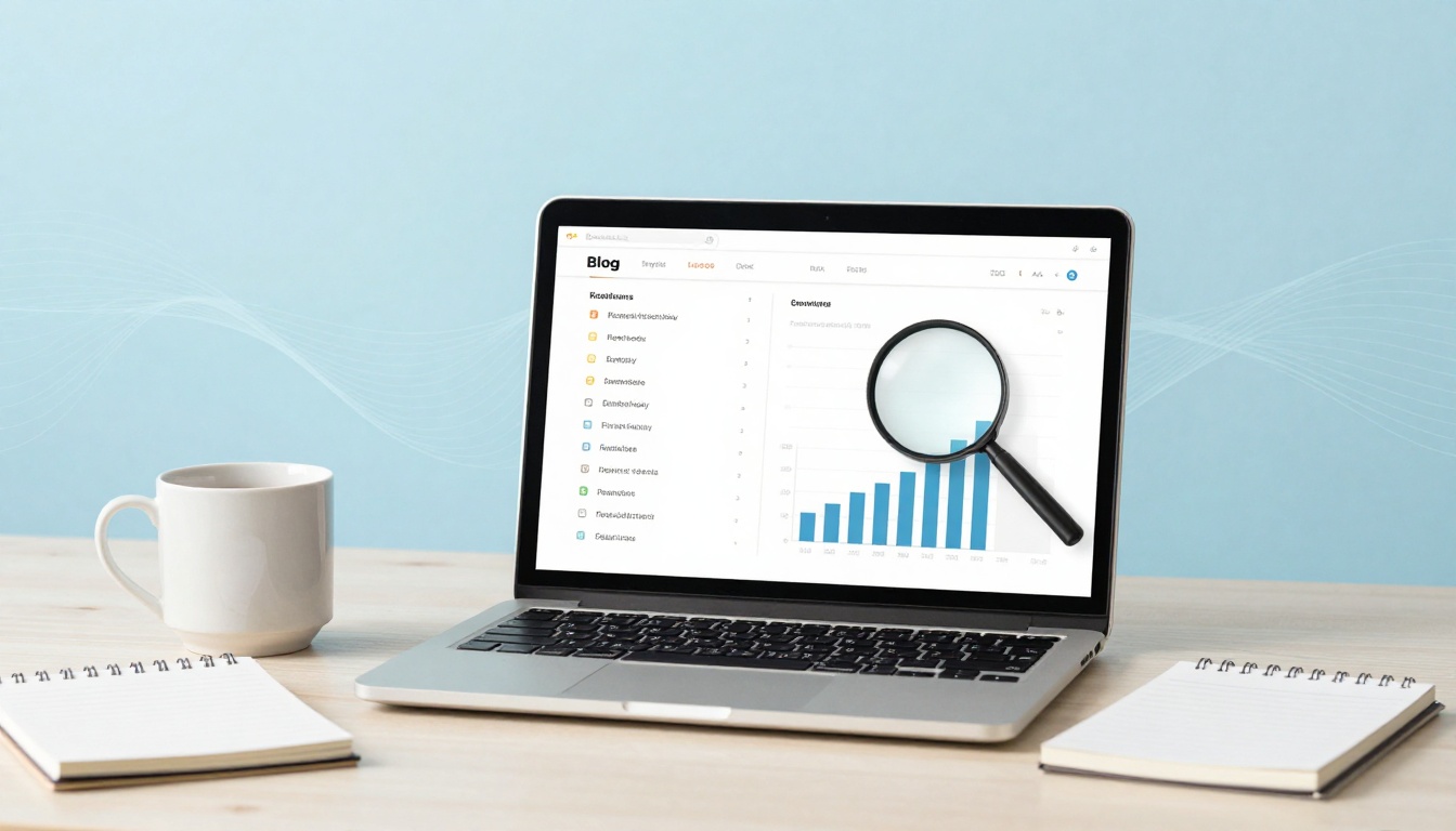 A laptop on a desk displays a bar graph with a magnifying glass overlay. Nearby are a white mug and a spiral notebook. The background is light blue.