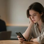 A woman with long brown hair sits at a wooden table in a cafe, looking at her smartphone with a thoughtful expression. She rests her head on her hand. In the background, a person is blurred, sitting at another table. The setting has soft lighting and neutral tones.