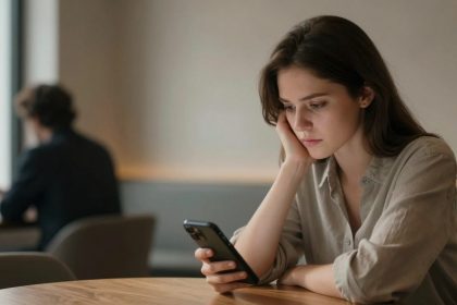 A woman with long brown hair sits at a wooden table in a cafe, looking at her smartphone with a thoughtful expression. She rests her head on her hand. In the background, a person is blurred, sitting at another table. The setting has soft lighting and neutral tones.