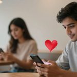 A man in a gray shirt smiles at his phone, sitting in a cafe. A red heart graphic is above the phone. A woman in the background also looks at her phone.