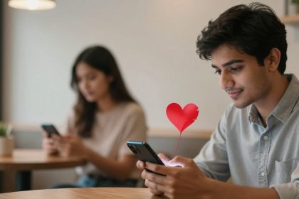 A man in a gray shirt smiles at his phone, sitting in a cafe. A red heart graphic is above the phone. A woman in the background also looks at her phone.