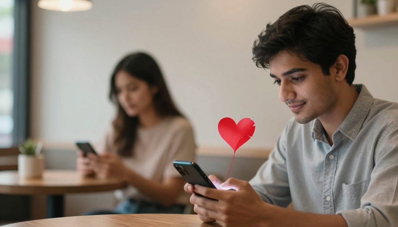 A man in a gray shirt smiles at his phone, sitting in a cafe. A red heart graphic is above the phone. A woman in the background also looks at her phone.