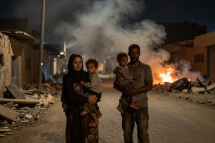 A family of four walks through a rubble-filled street at night. The mother and father each carry a child. Smoke and fire are visible in the background, with damaged buildings on either side.