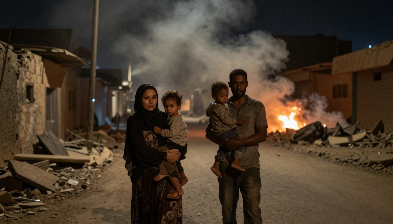 A family of four walks through a rubble-filled street at night. The mother and father each carry a child. Smoke and fire are visible in the background, with damaged buildings on either side.