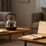 A cozy living room with a metal kettle on a wooden coffee table, beside an open notebook with a pen. Another table holds a desk calendar and a small succulent plant. Two beige sofas and a knit blanket are in the background.