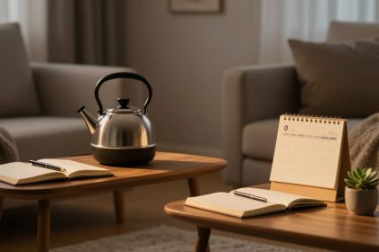 A cozy living room with a metal kettle on a wooden coffee table, beside an open notebook with a pen. Another table holds a desk calendar and a small succulent plant. Two beige sofas and a knit blanket are in the background.