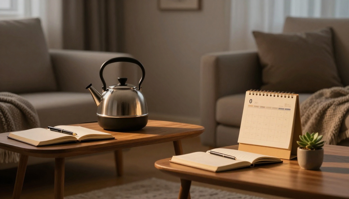 A cozy living room with a metal kettle on a wooden coffee table, beside an open notebook with a pen. Another table holds a desk calendar and a small succulent plant. Two beige sofas and a knit blanket are in the background.