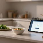 A kitchen countertop with a steaming bowl of food, a plate of fresh greens, and a tablet displaying an app. Cooking utensils and a pot are visible in the background.