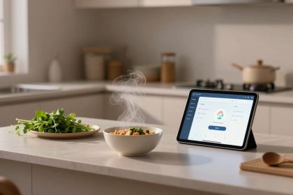A kitchen countertop with a steaming bowl of food, a plate of fresh greens, and a tablet displaying an app. Cooking utensils and a pot are visible in the background.