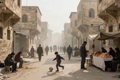 A bustling street scene features a child playing soccer in the foreground. People walk along the dusty road lined with old stone buildings. On the right, a bread vendor sells loaves under a canopy. The atmosphere is hazy, suggesting a busy market setting.