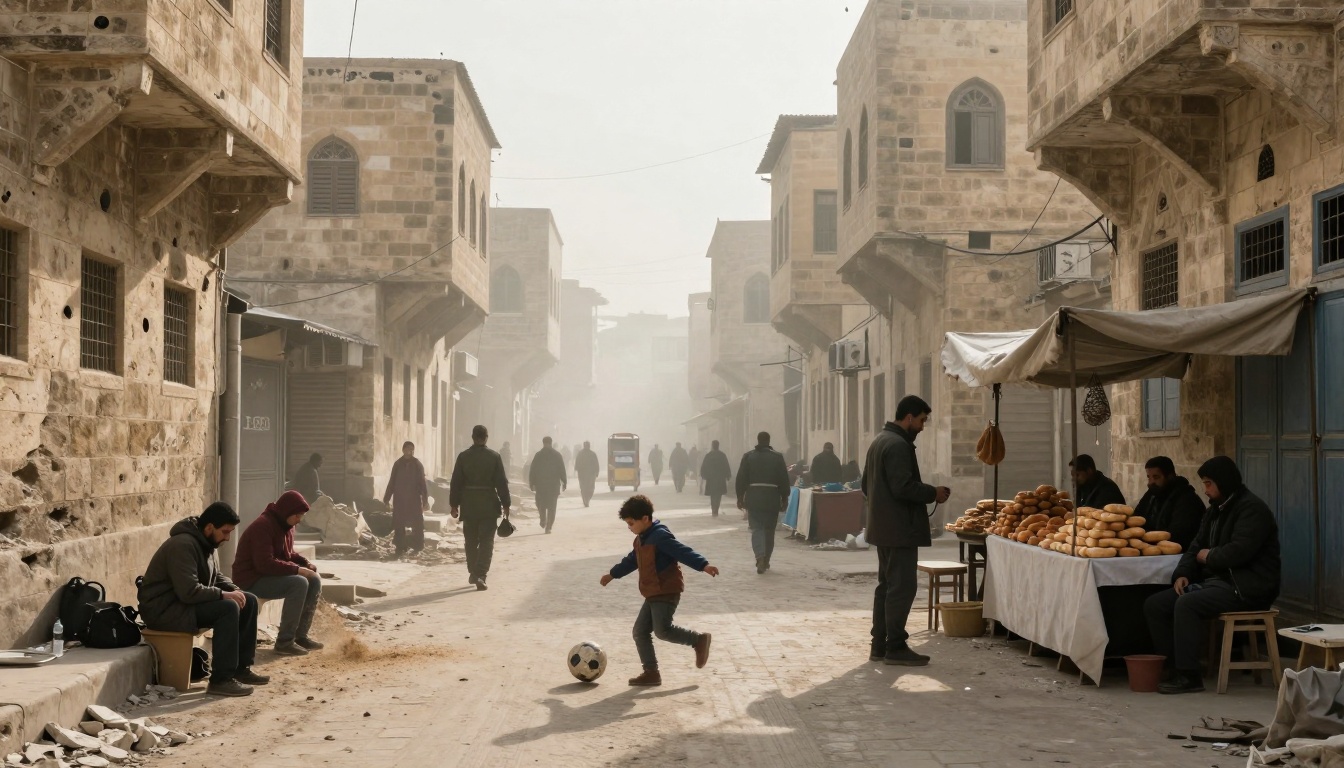 A bustling street scene features a child playing soccer in the foreground. People walk along the dusty road lined with old stone buildings. On the right, a bread vendor sells loaves under a canopy. The atmosphere is hazy, suggesting a busy market setting.