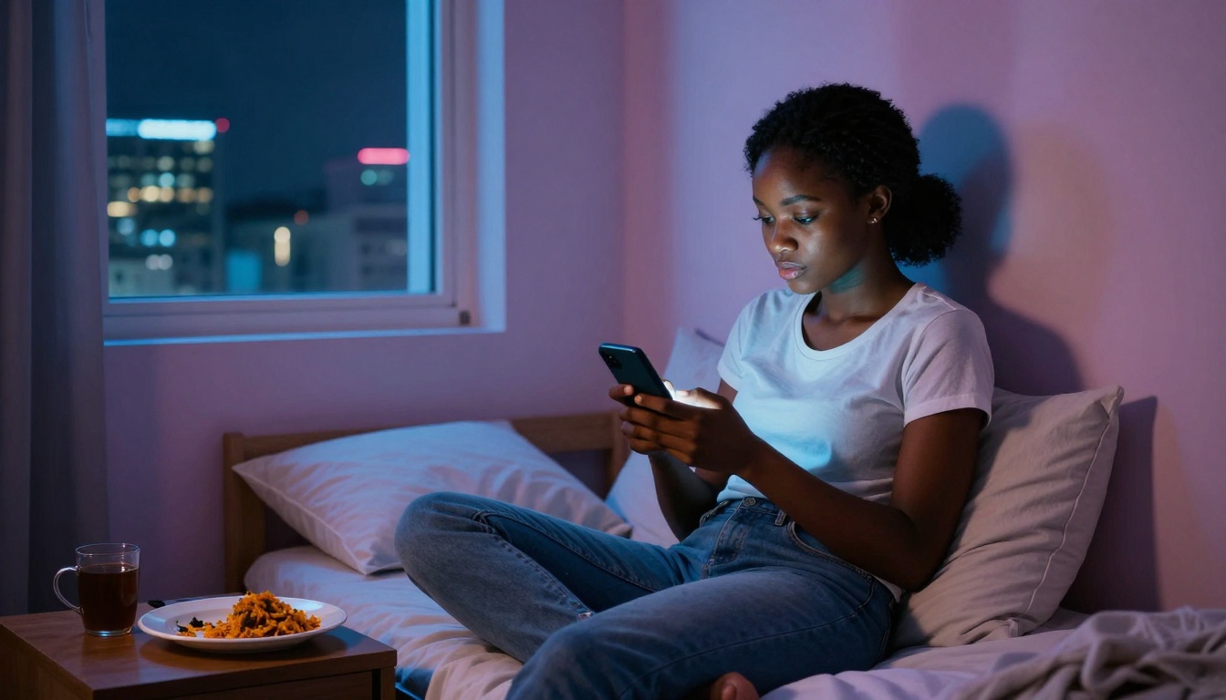 A person in a white t-shirt and jeans sits on a bed, looking at a smartphone. A window shows a cityscape at night. A plate of food and a cup are on a nearby table.