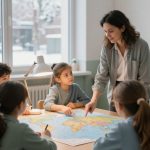 A teacher and six children gather around a table with a world map. The teacher points to a location while the children listen attentively. The classroom has a snowy view outside the window.