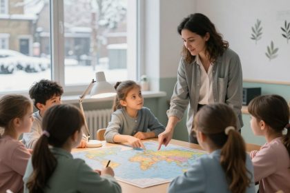 A teacher and six children gather around a table with a world map. The teacher points to a location while the children listen attentively. The classroom has a snowy view outside the window.