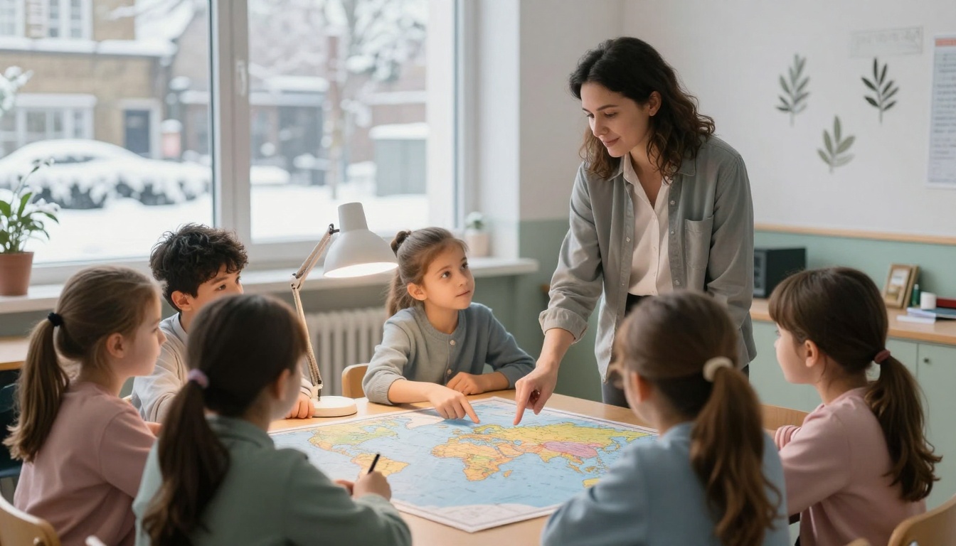 A teacher and six children gather around a table with a world map. The teacher points to a location while the children listen attentively. The classroom has a snowy view outside the window.