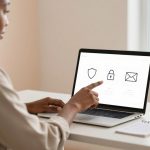 A person is sitting at a desk, using a laptop with security icons on the screen. They are pointing at the screen. A notebook and a cup are on the desk.