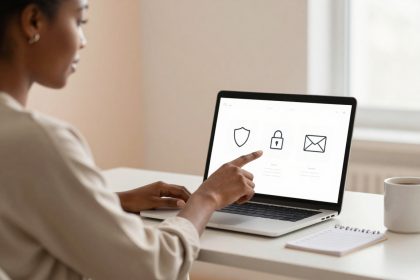 A person is sitting at a desk, using a laptop with security icons on the screen. They are pointing at the screen. A notebook and a cup are on the desk.