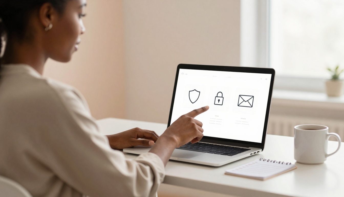 A person is sitting at a desk, using a laptop with security icons on the screen. They are pointing at the screen. A notebook and a cup are on the desk.