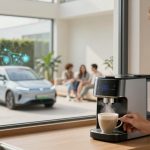 A person makes coffee using a modern machine in a bright room. Through the window, a silver electric car is parked outside. Three people sit and chat in the background, with plants and natural light enhancing the setting.