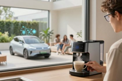 A person makes coffee using a modern machine in a bright room. Through the window, a silver electric car is parked outside. Three people sit and chat in the background, with plants and natural light enhancing the setting.