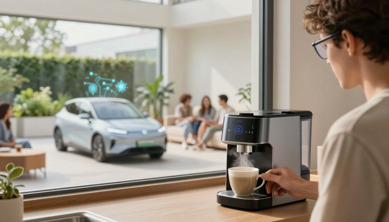 A person makes coffee using a modern machine in a bright room. Through the window, a silver electric car is parked outside. Three people sit and chat in the background, with plants and natural light enhancing the setting.
