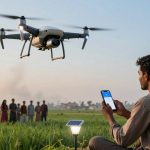 A person sits in a field, operating a drone with a smartphone. The drone hovers nearby. Several people stand in the background, with buildings and smoke visible in the distance. The scene is set during daylight.