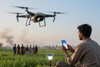 A person sits in a field, operating a drone with a smartphone. The drone hovers nearby. Several people stand in the background, with buildings and smoke visible in the distance. The scene is set during daylight.