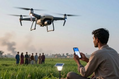 A person sits in a field, operating a drone with a smartphone. The drone hovers nearby. Several people stand in the background, with buildings and smoke visible in the distance. The scene is set during daylight.