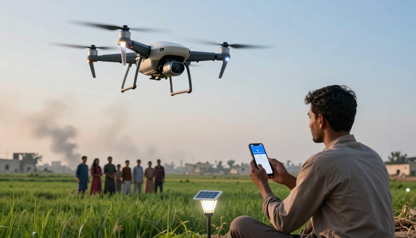A person sits in a field, operating a drone with a smartphone. The drone hovers nearby. Several people stand in the background, with buildings and smoke visible in the distance. The scene is set during daylight.