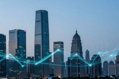 City skyline with tall, modern skyscrapers at dusk. A glowing blue graph line overlays the image, suggesting data analytics.